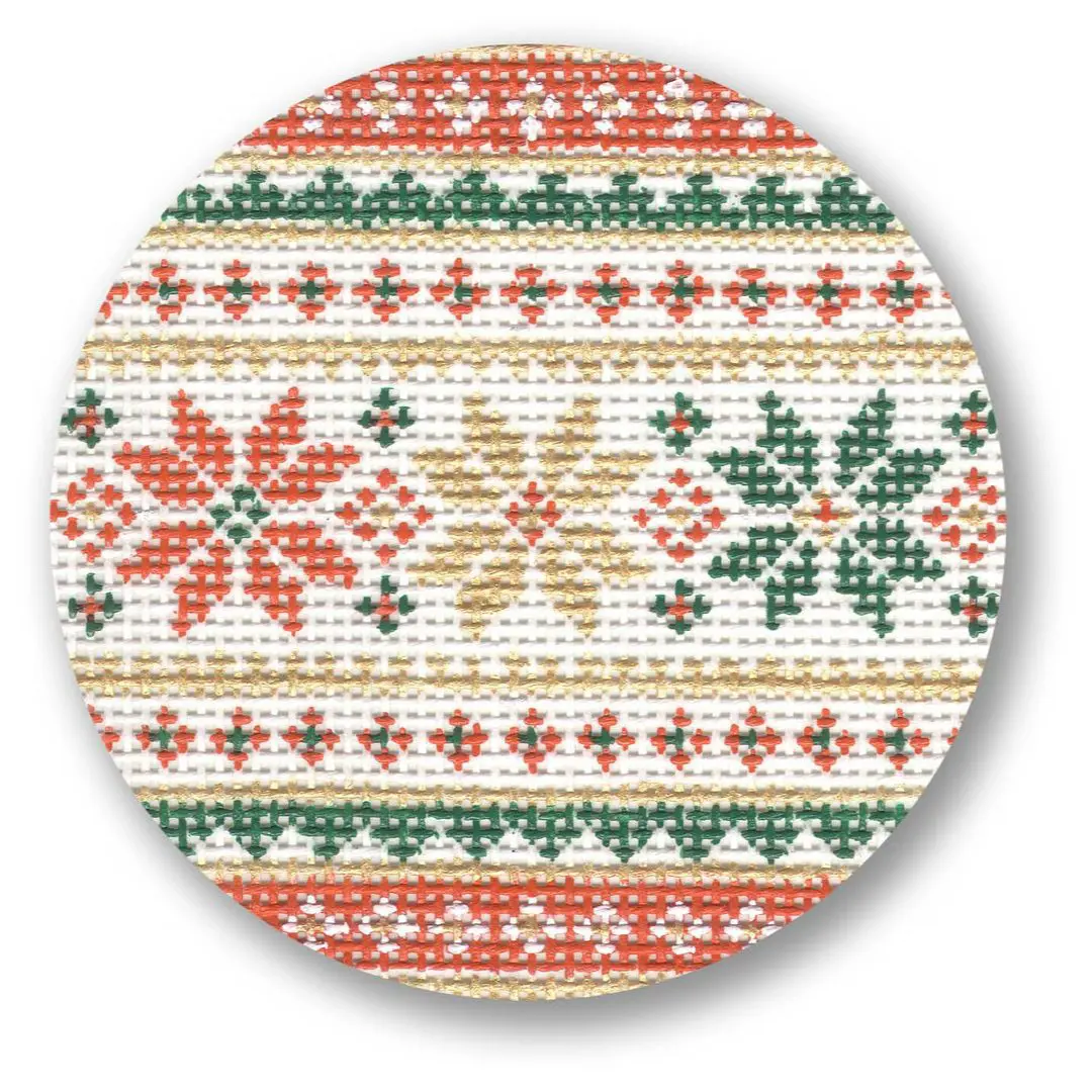 A cross stitch pattern designed by Cecilia Ohm Eriksen featuring red, green, and yellow colors.
