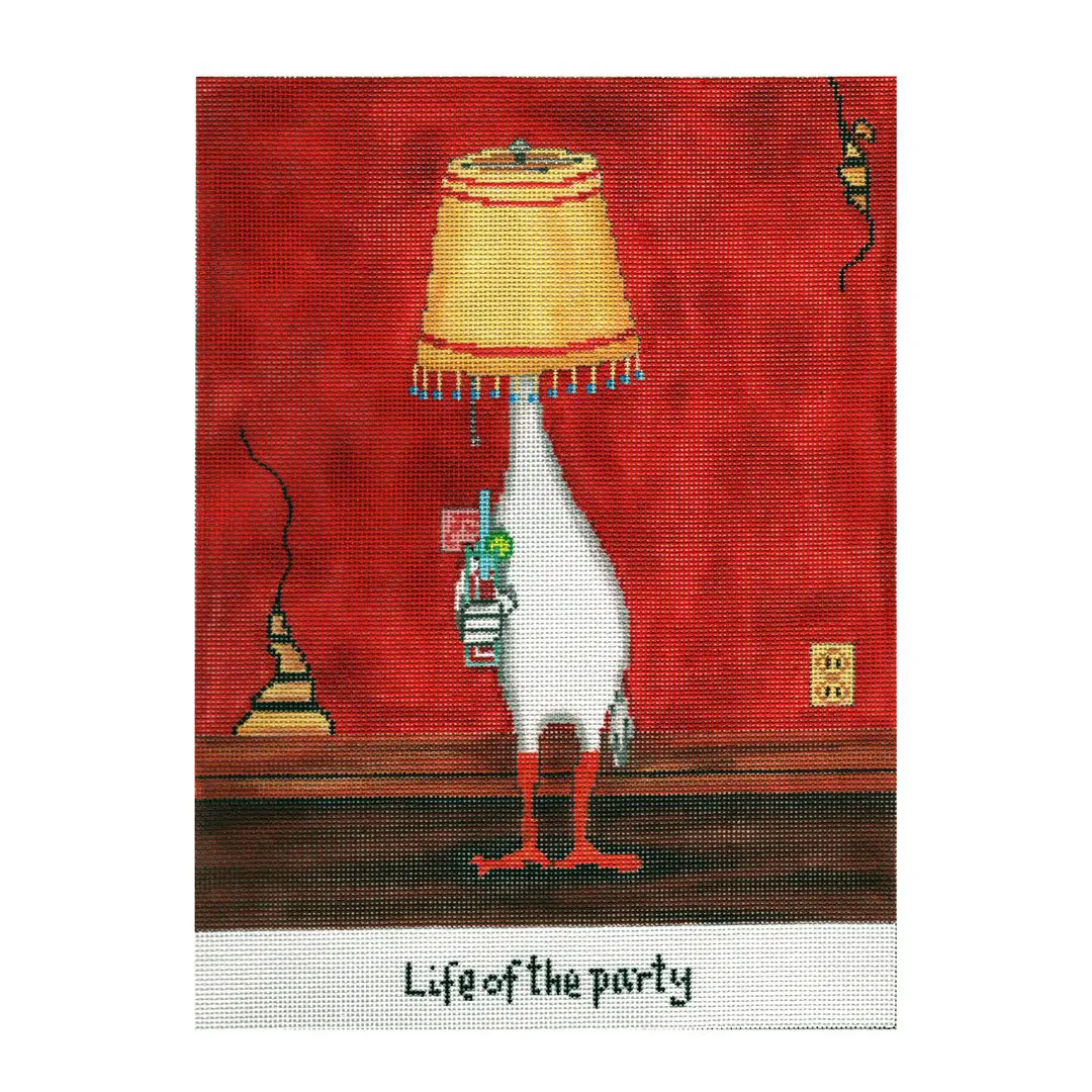 An exquisite painting by Cecilia Ohm Eriksen depicting a lively goose, illuminated by a lamp, symbolizing the "life of the party.