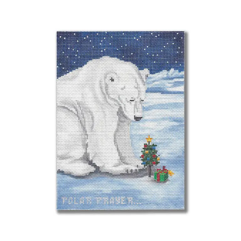 A painting by Cecilia Ohm Eriksen featuring a polar bear alongside a Christmas tree.