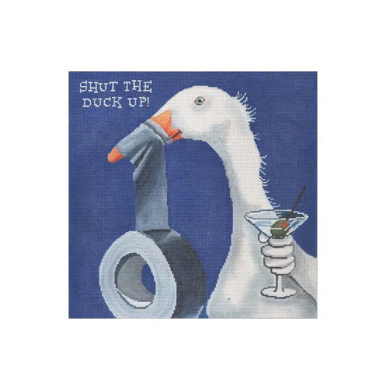 A picture of Cecilia Ohm Eriksen, a duck holding a martini in its mouth.