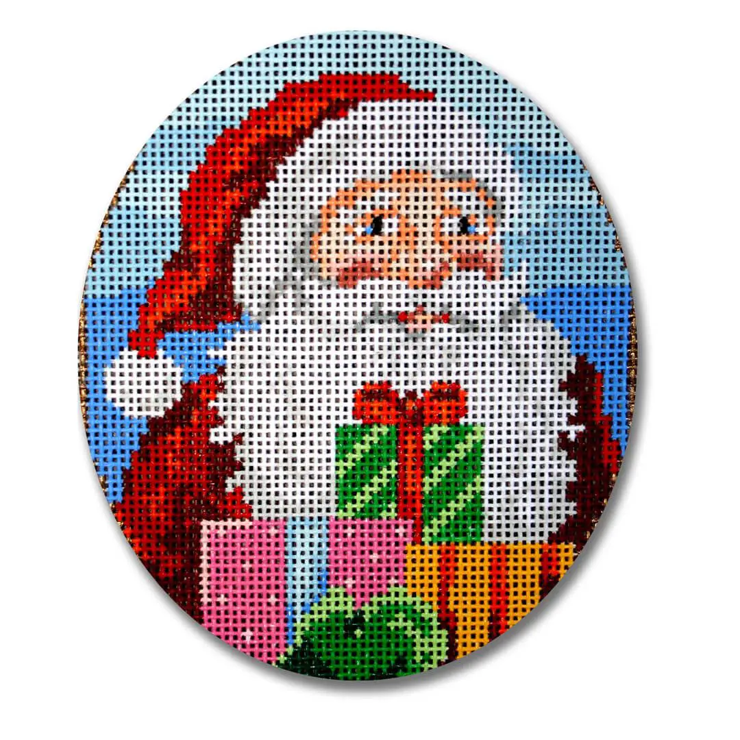 A picture of Santa Claus with presents on a round canvas.