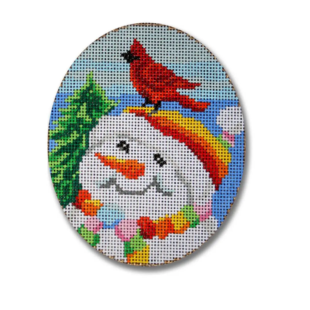 A cross stitch picture of a snowman with a cardinal on his head by Cecilia Ohm.
