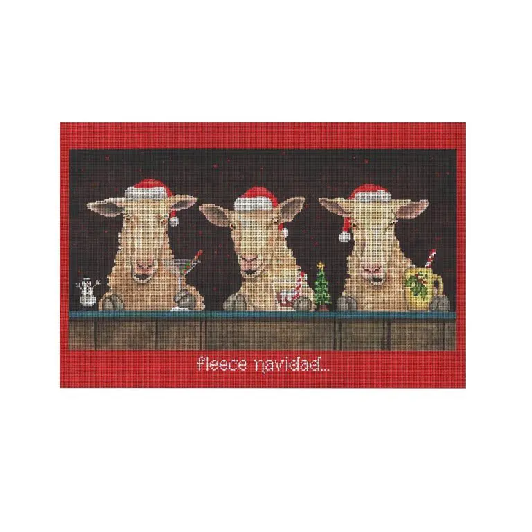 Three sheep in santa hats sitting at a table, with one wearing a Cecilia hat.