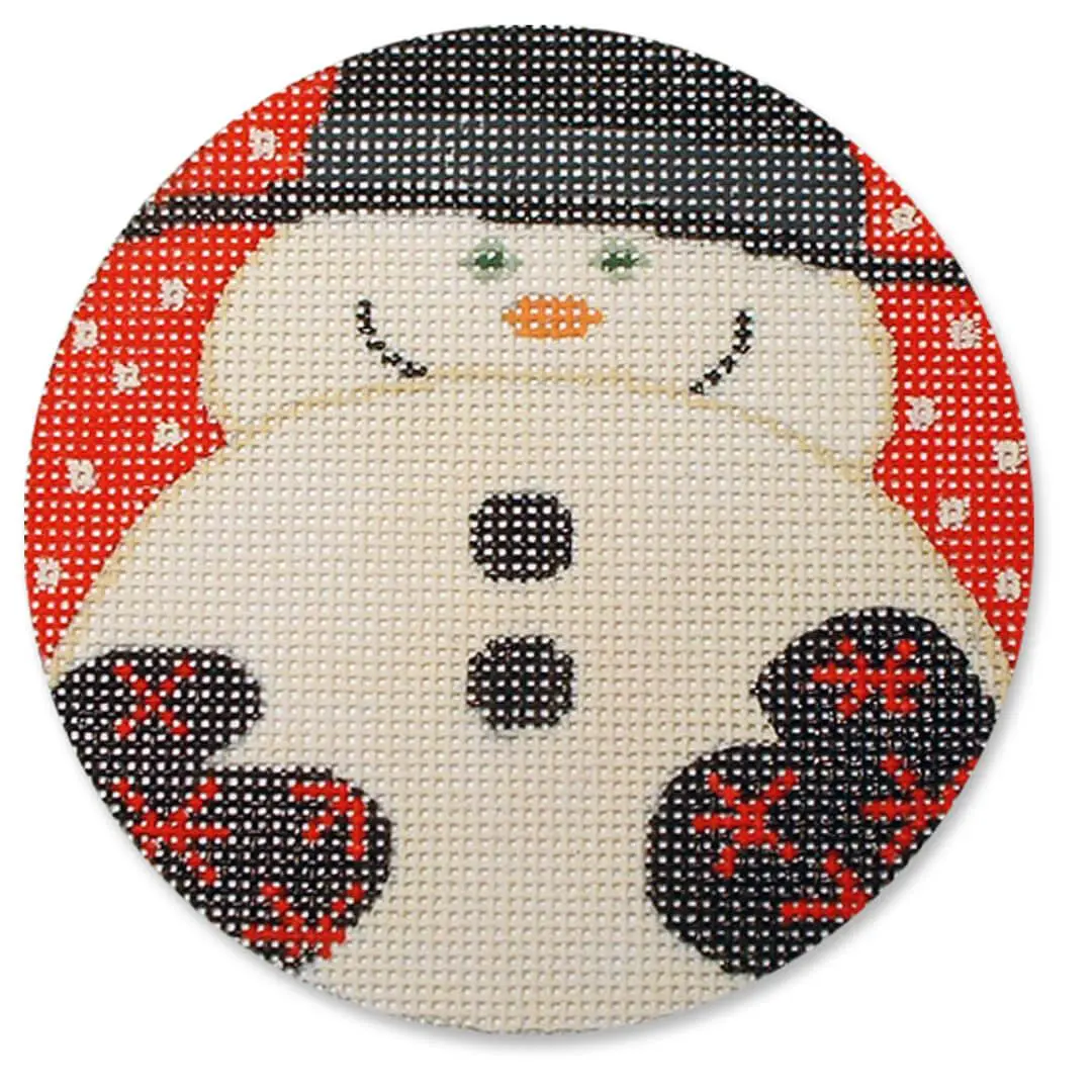 A Cecilia Ohm Eriksen cross stitch snowman on a red background.
