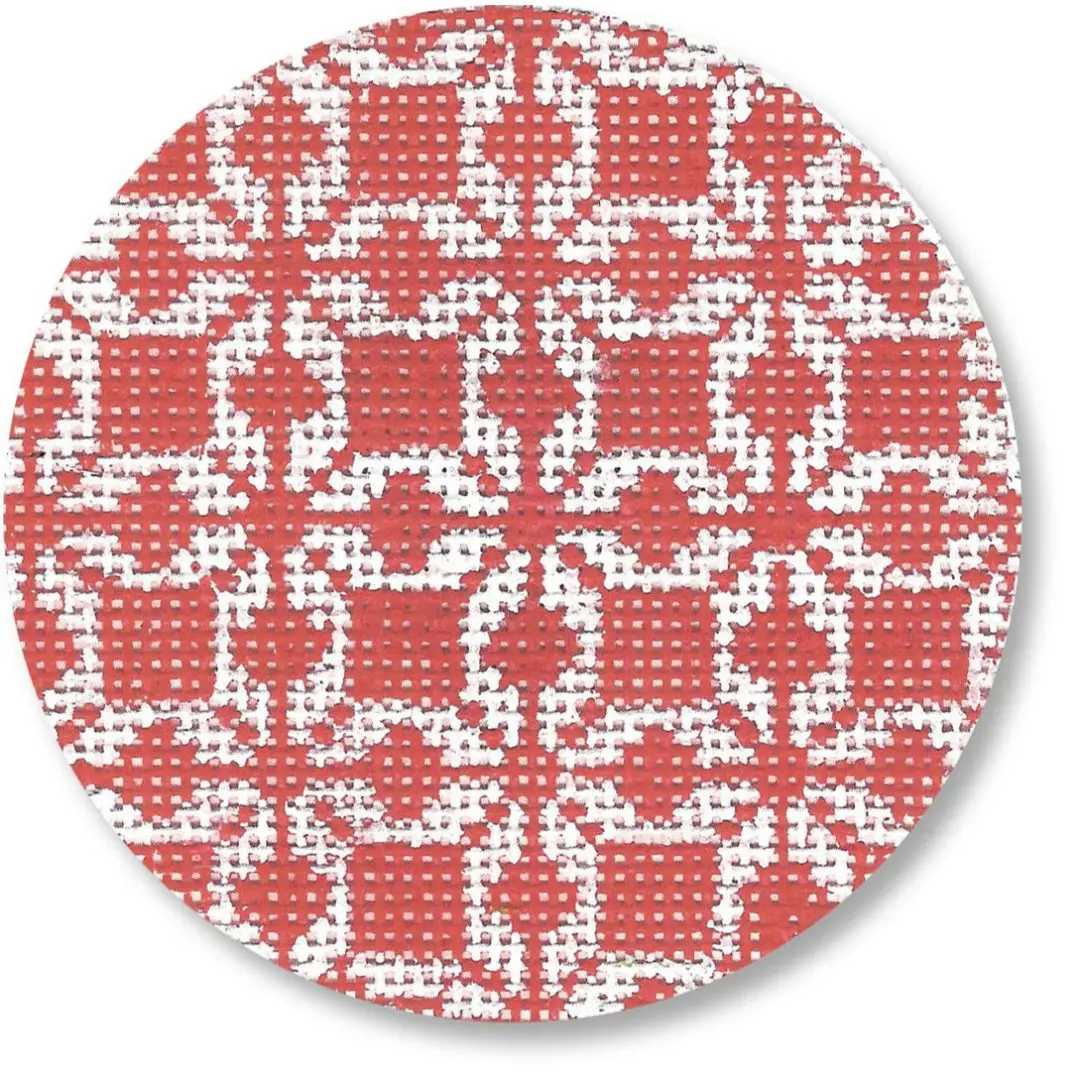 A red and white circular pattern on a white background, inspired by Cecilia Ohm Eriksen.
