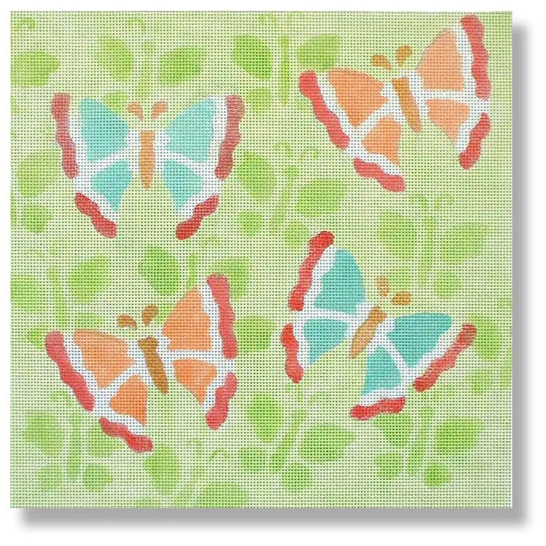 A green canvas with Cecilia Ohm Eriksen butterflies on it.