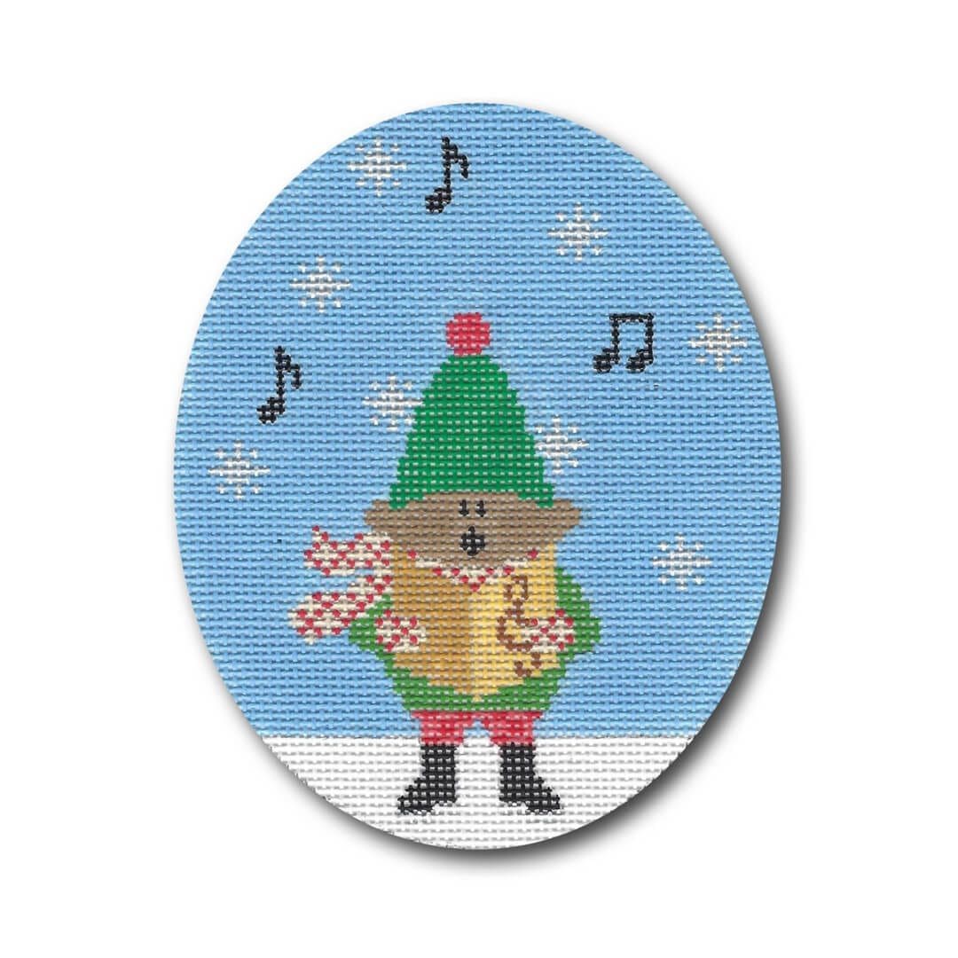 A christmas elf with music notes on a blue background, created by Cecilia Ohm Eriksen.