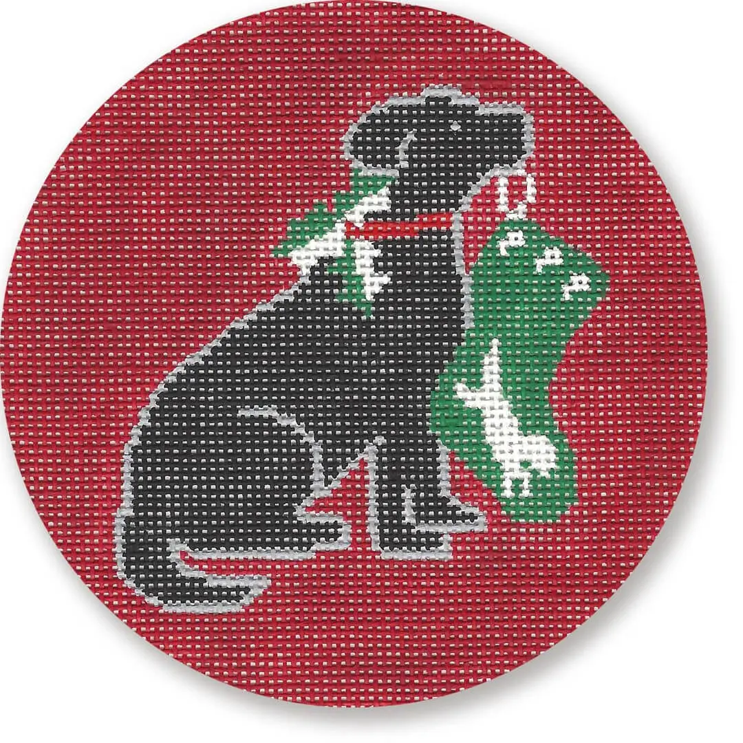 A black dog with a stocking on a red background in a Cecilia Ohm Eriksen style.
