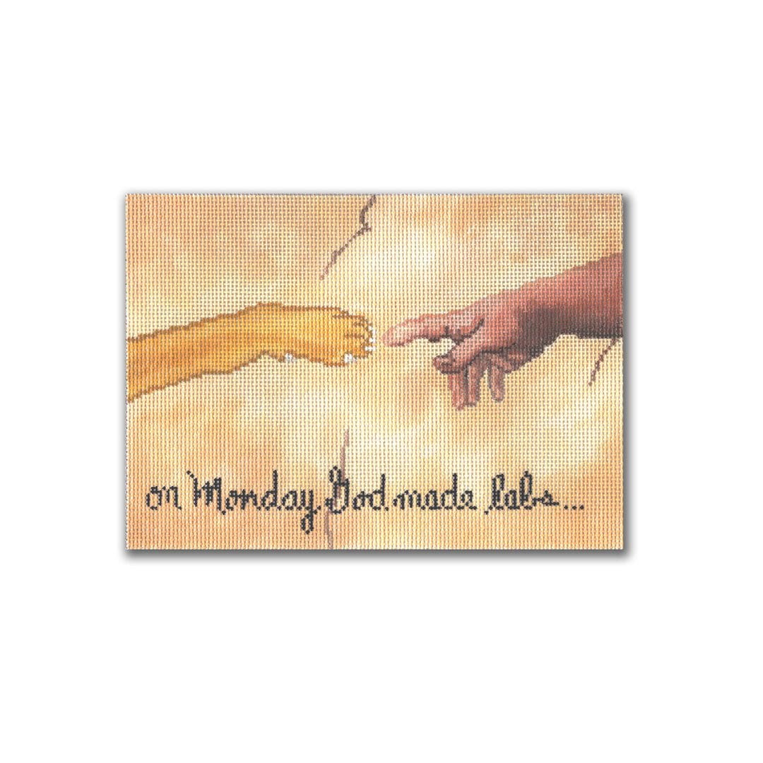 A painting by Cecilia Ohm Eriksen of a hand reaching out to a hand with the words "on Monday he made me.