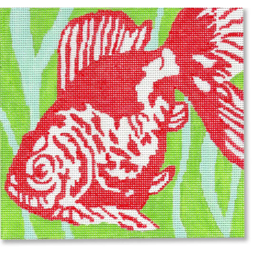 A red fish on a green background, painted by Cecilia Ohm.