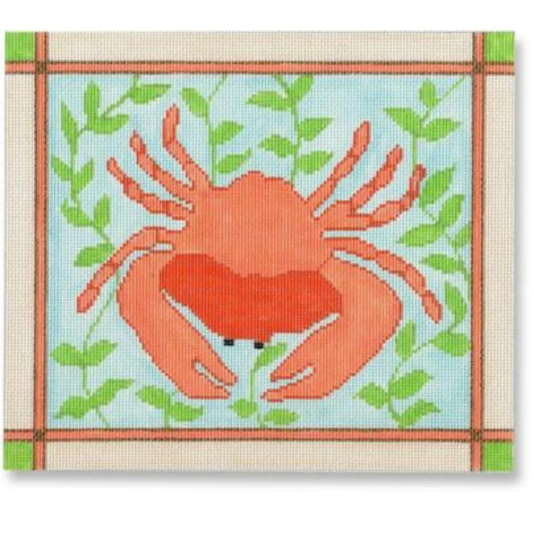 A red crab with green leaves on a blue background created by Cecilia Ohm Eriksen.