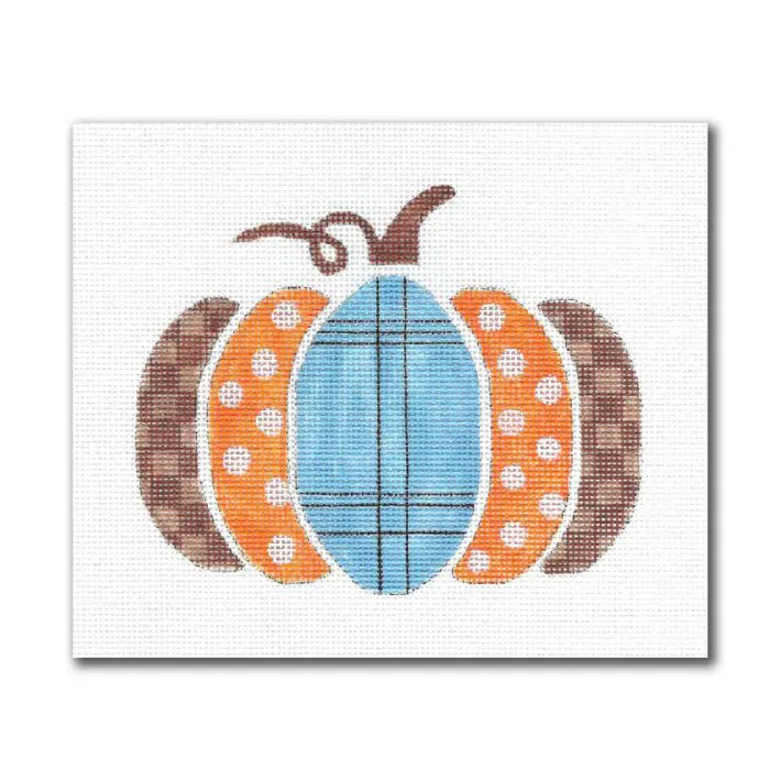 A Cecilia Ohm Eriksen cross stitch pumpkin on a white background.