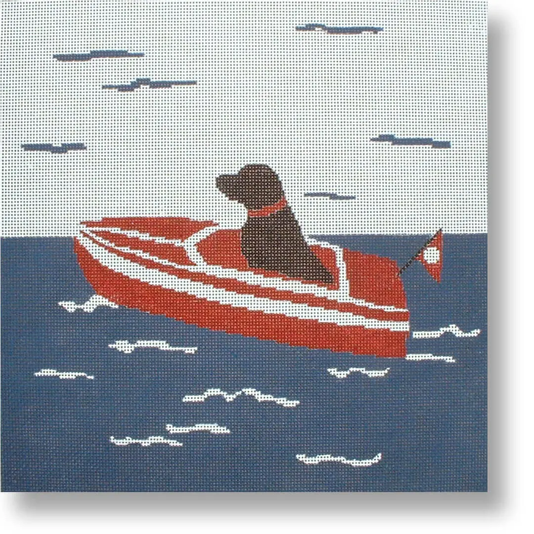 A painting of a dog in a red and white boat by Cecilia Ohm Eriksen.