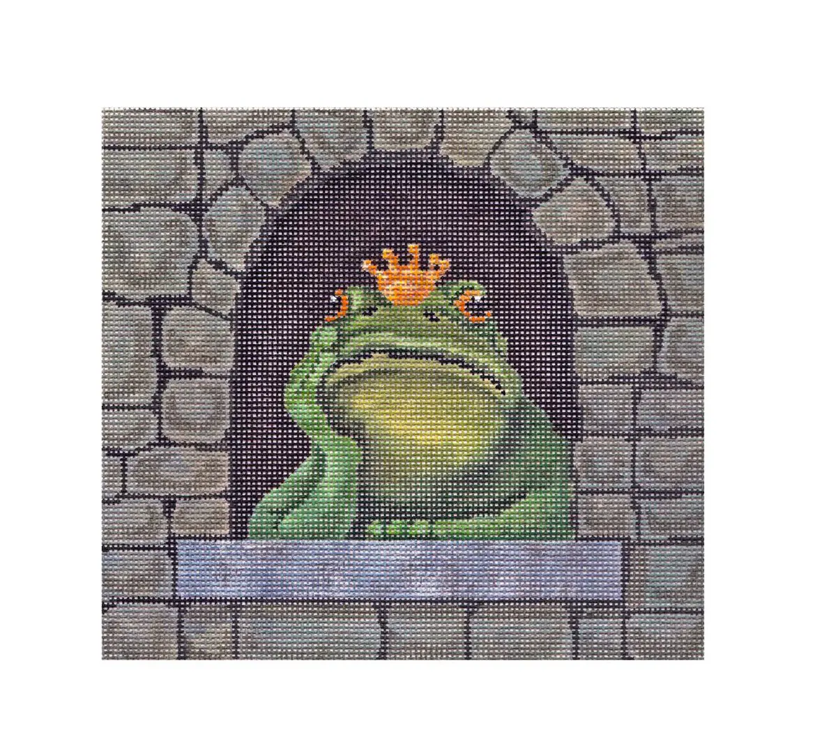 A green frog with a crown sitting in a window, adorned by Cecilia Ohm Eriksen's artistic touch.