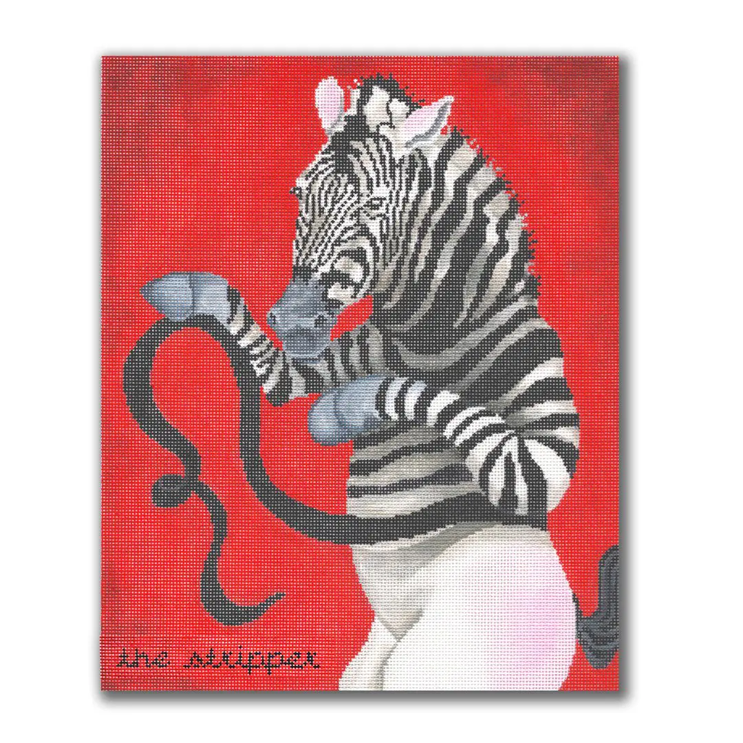 A painting by Cecilia Ohm Eriksen of a zebra holding a snake on a red background.