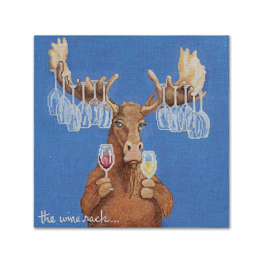 A Cecilia Ohm Eriksen moose holding wine glasses on a blue background.