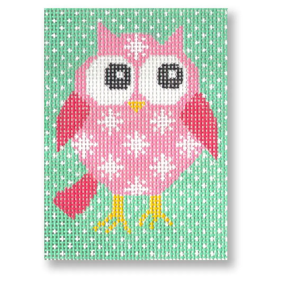 A pink owl named Cecilia on a green background.
