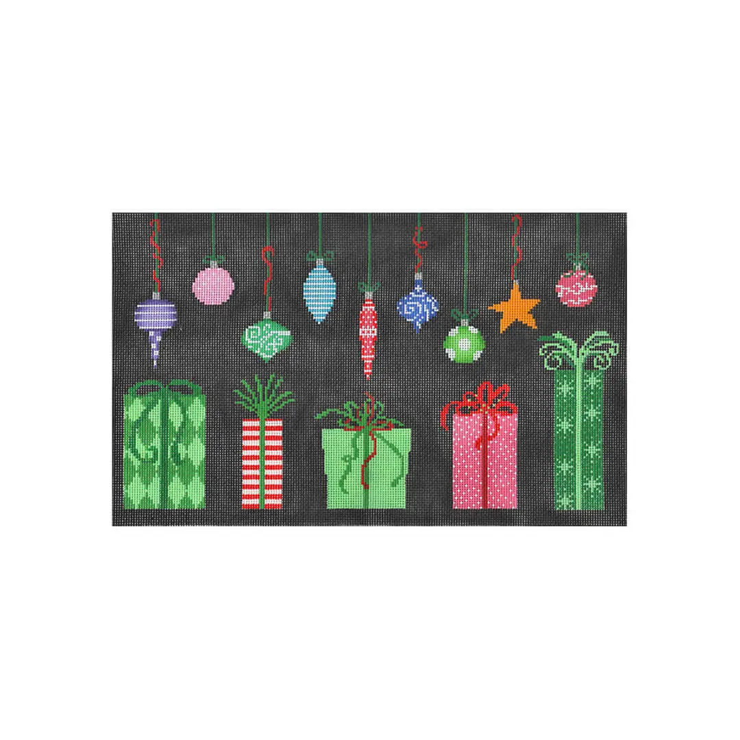 A Christmas doormat with presents hanging from it, designed by Cecilia Ohm Eriksen.