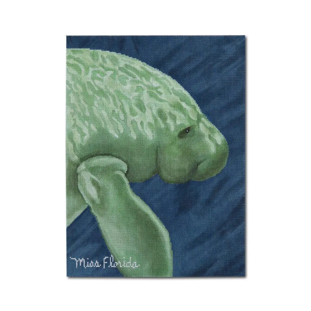 A painting of a manatee on a blue background by Cecilia Ohm Eriksen.