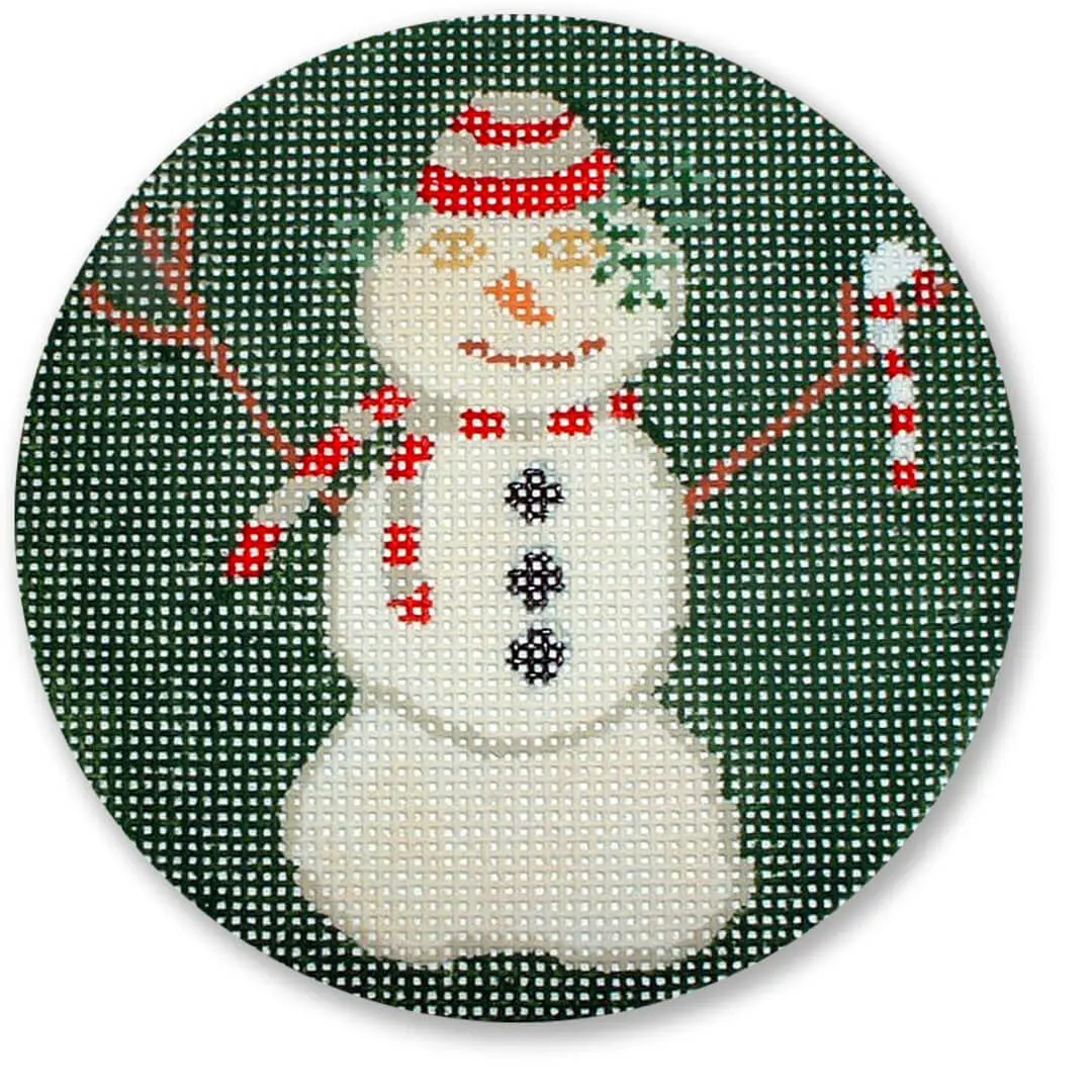 A snowman with a candy cane on a green background, created by Cecilia Eriksen.