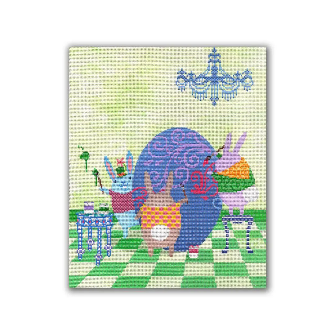 A painting by Cecilia Ohm Eriksen of an easter bunny on a checkered floor.