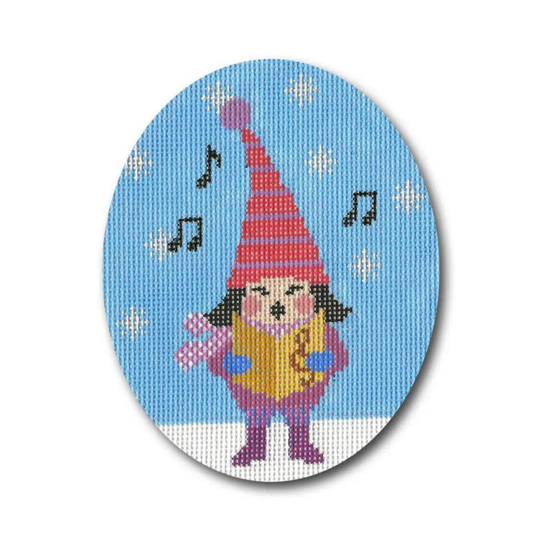 A cross stitch picture of a gnome with music notes by Cecilia Eriksen.