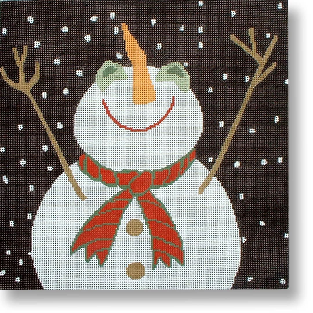 Cecilia, a snowman with a scarf and hat, stands out against a brown background.
