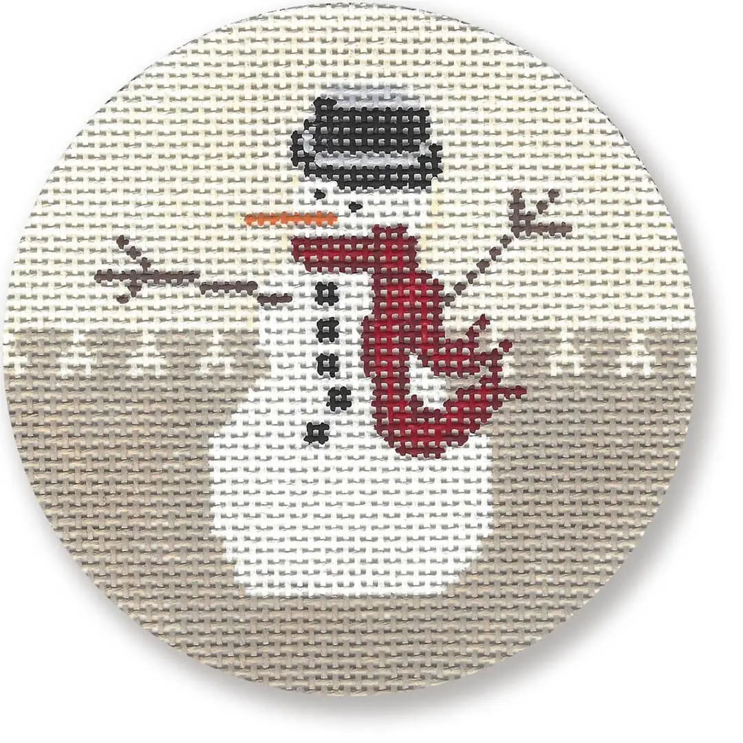 A cross stitch pattern of a snowman wearing a hat and scarf, created by Cecilia Ohm Eriksen.