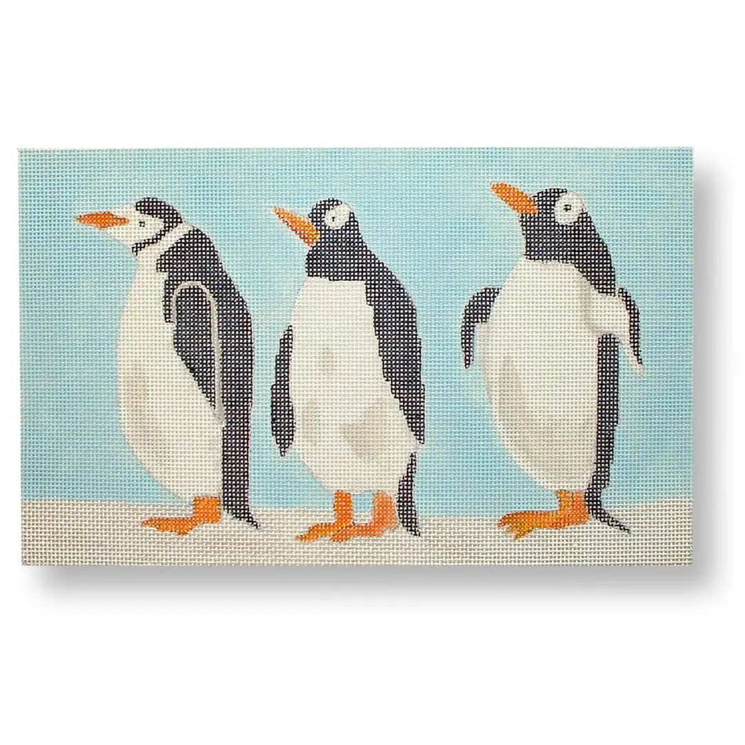 Three penguins named Cecilia and Ohm on a blue background.