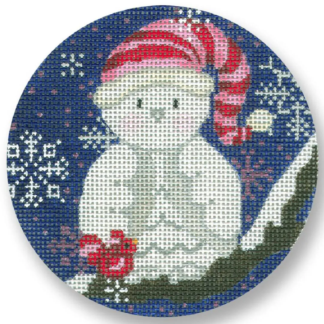 A cross stitch pattern of a snowman wearing a hat designed by Cecilia Ohm Eriksen.