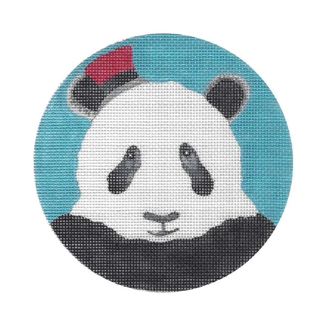 A panda bear wearing a hat on a circle, illustrated by Cecilia Ohm Eriksen.