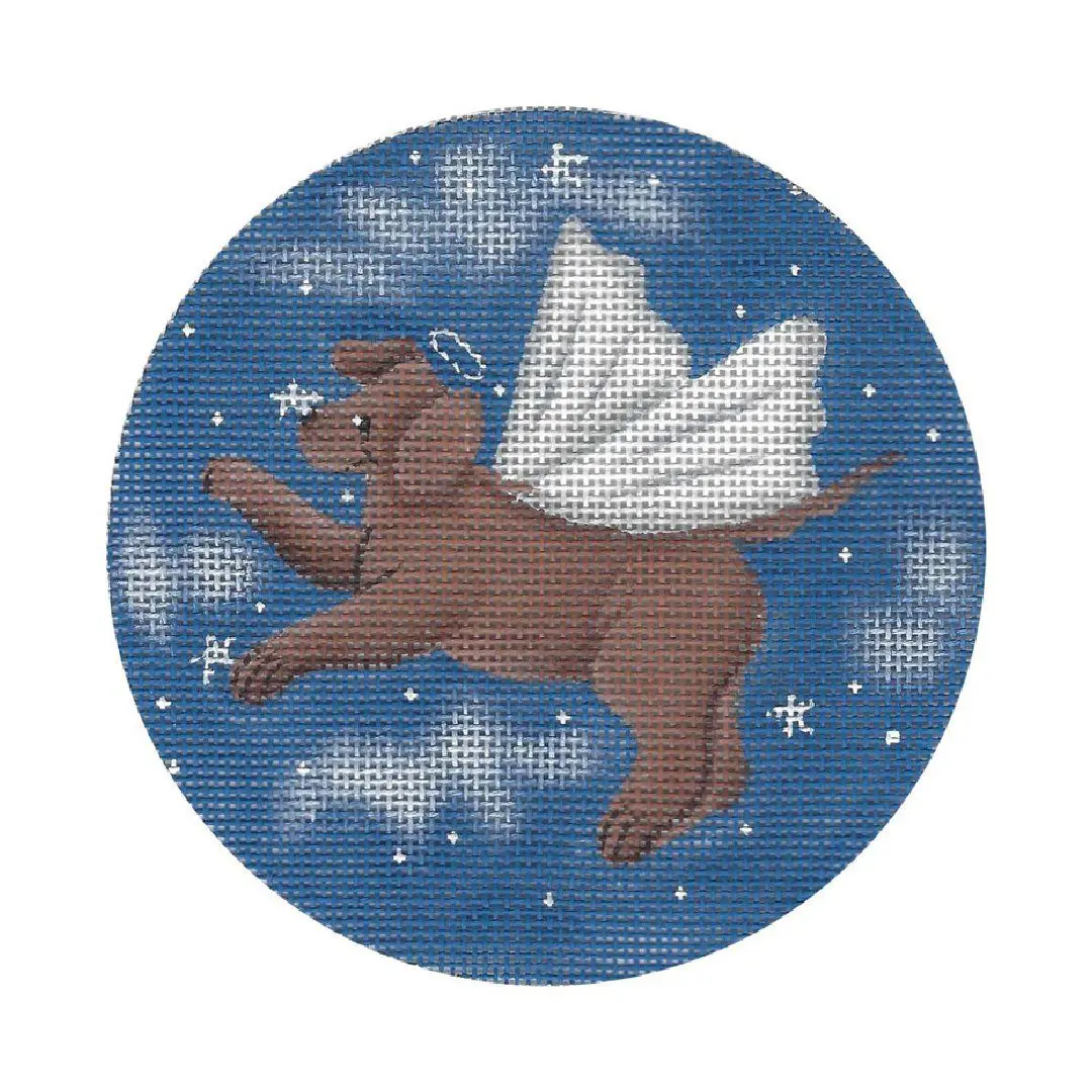 A cross stitch picture of a brown dog with wings in the sky by Cecilia Ohm.