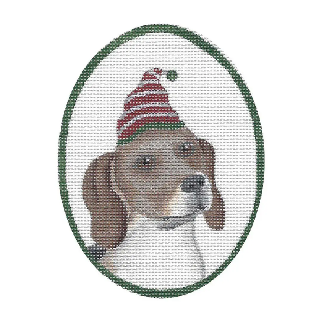 A beagle wearing a santa hat, named Eriksen.
