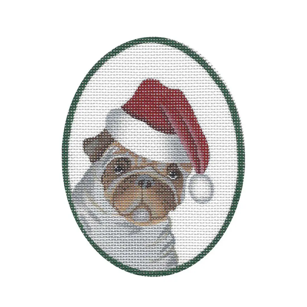 A pug dog wearing a santa hat, named Cecilia.