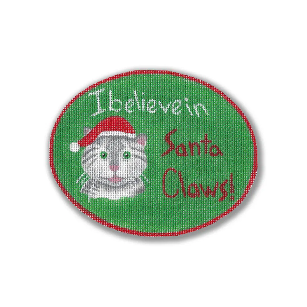 A cat wearing a Santa Claus hat and sporting the words "believe in Santa Claus