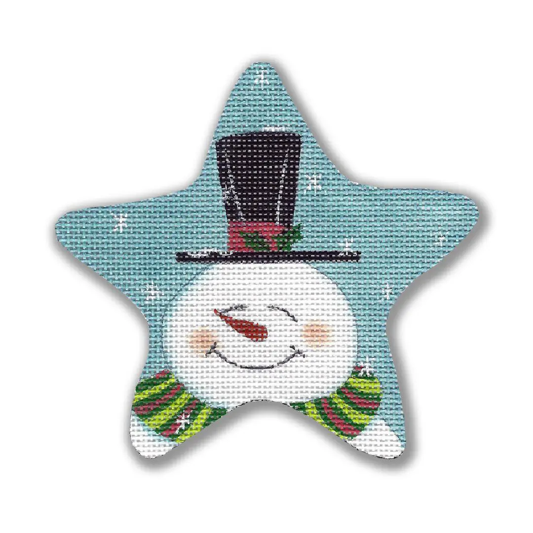 A snowman wearing a hat and scarf with the star shape.