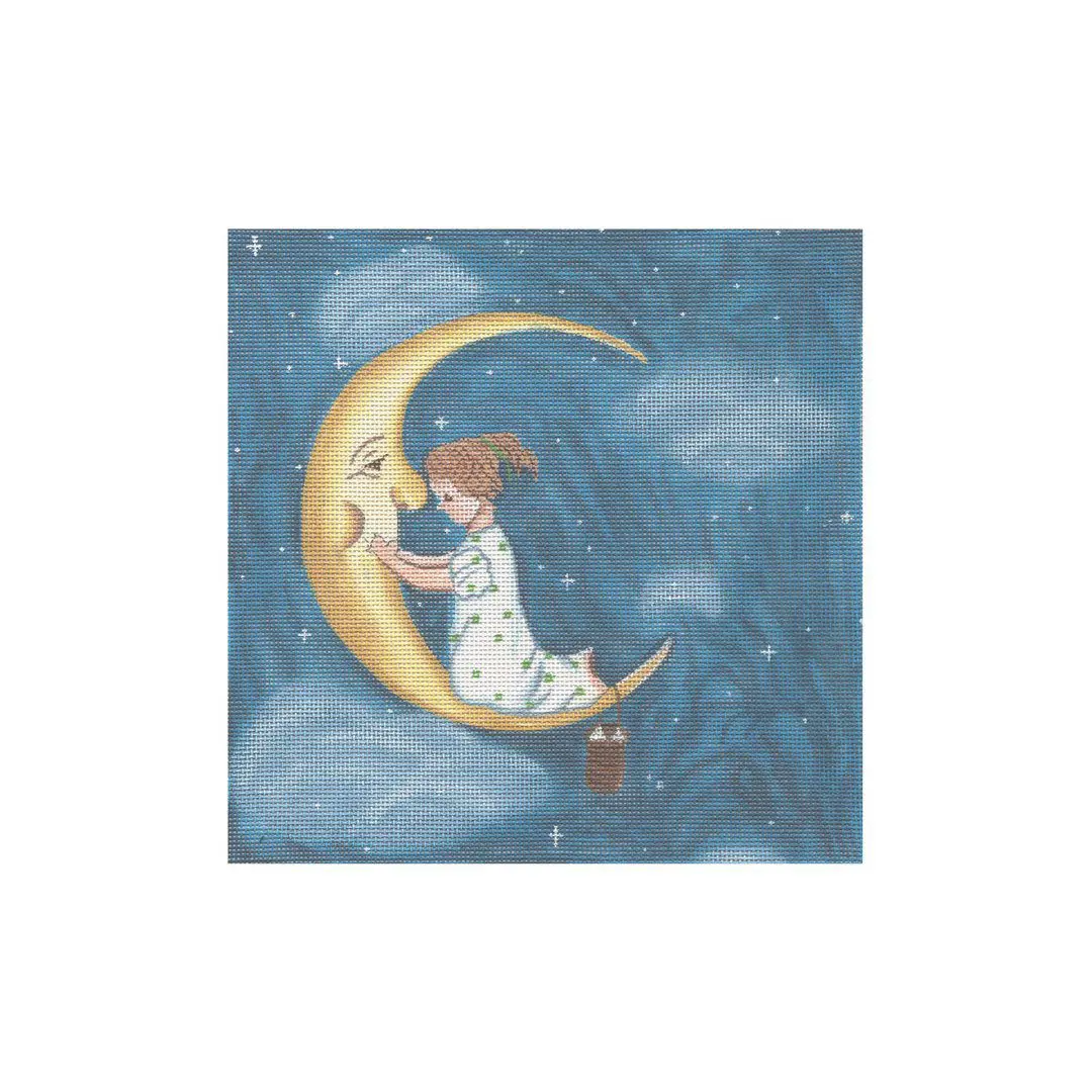 A celestial portrait featuring a little girl gracefully perched on the moon.