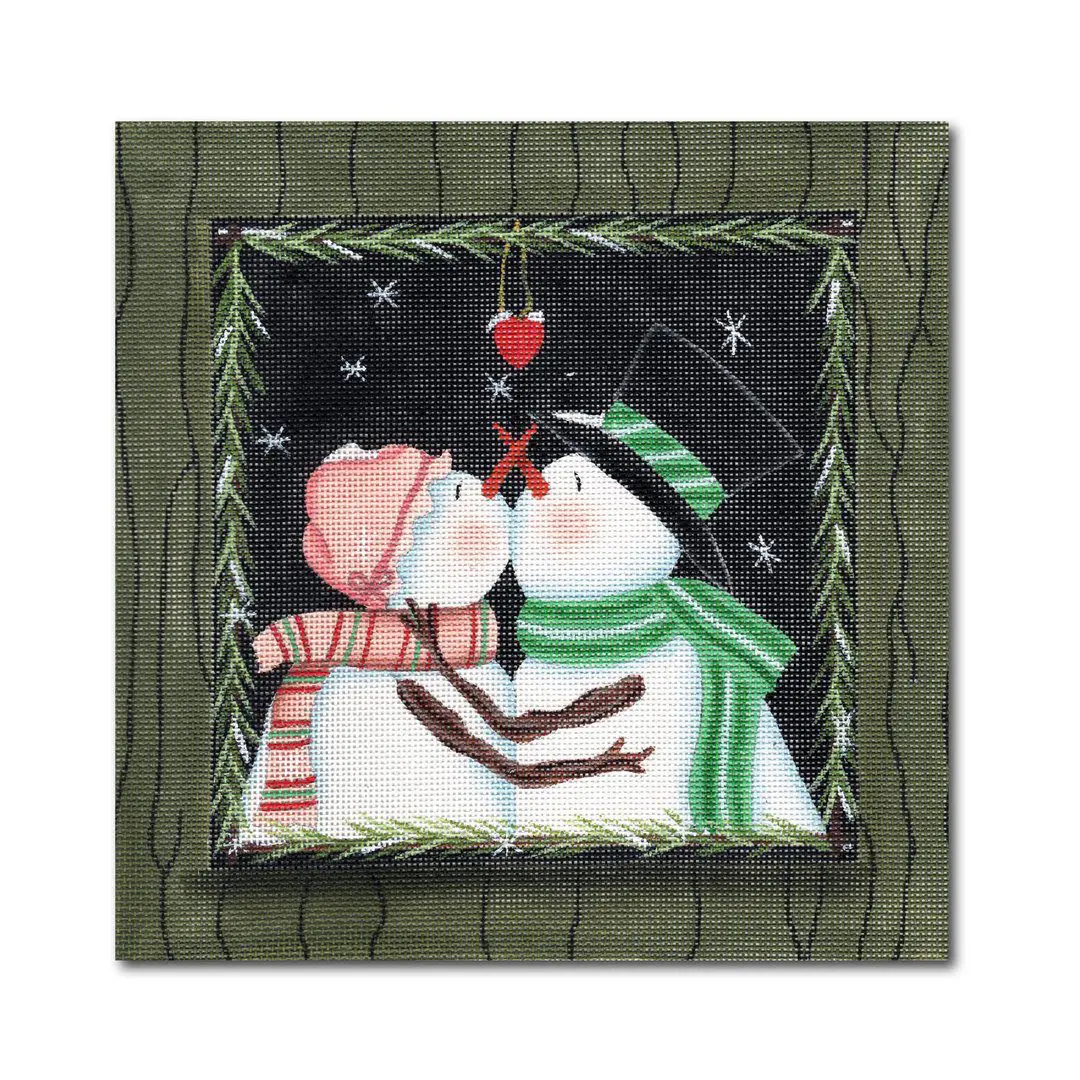 "Cecilia Ohm Eriksen's painting captures the heartwarming scene of two snowmen kissing in front of a tree.