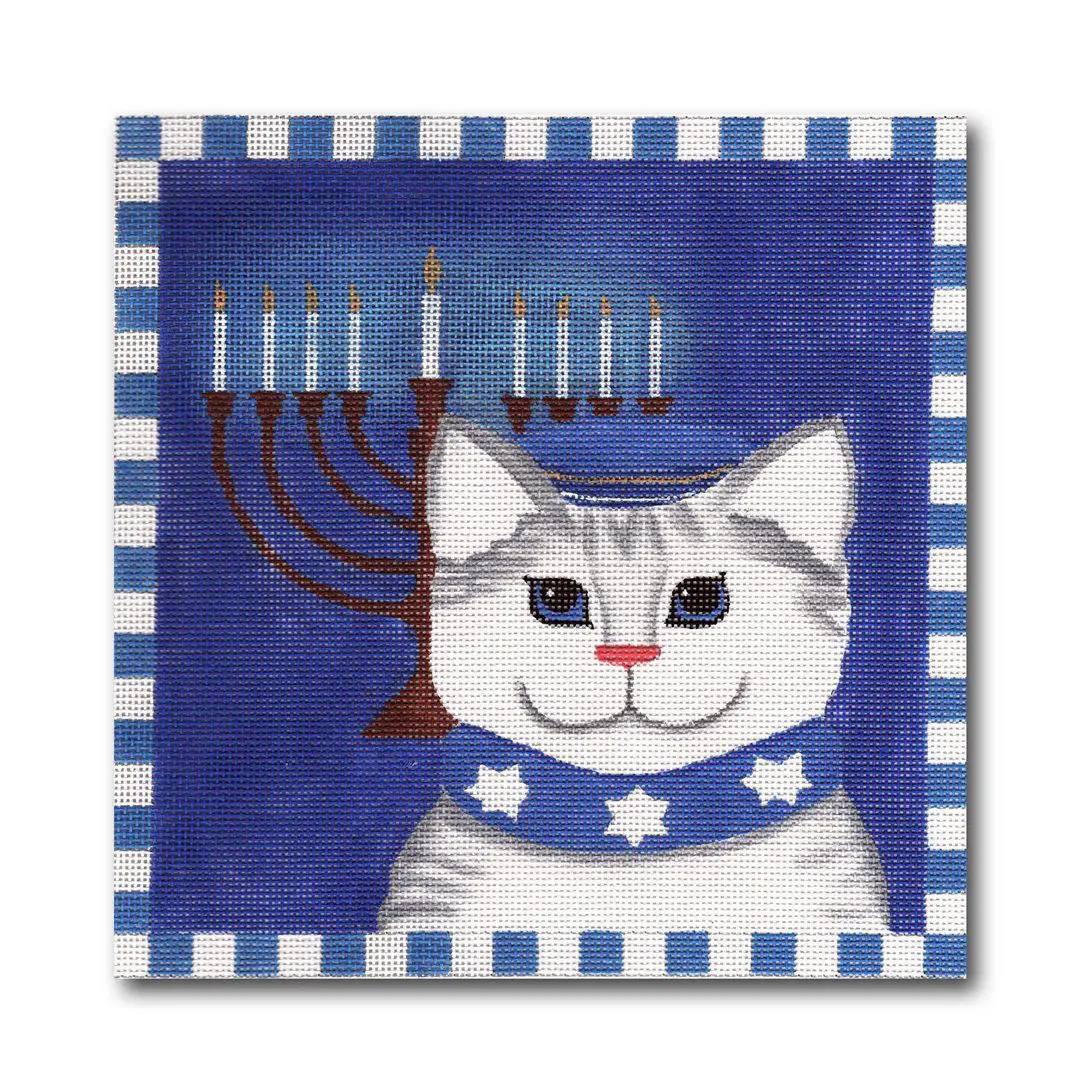 A painting of a cat with a Hanukkah menorah by Cecilia Ohm Eriksen.