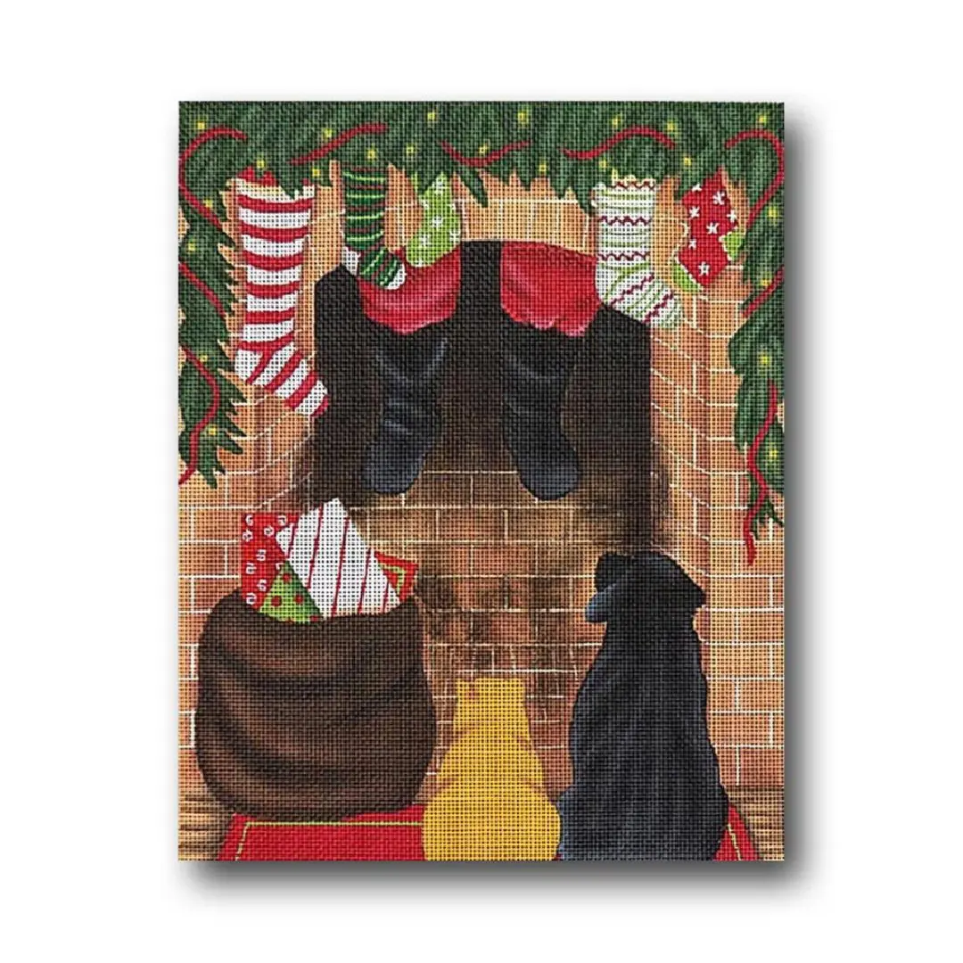 Cecilia Ohm Eriksen paints a heartwarming scene of a dog and Santa Claus gathered in front of a cozy fireplace.