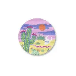A cactus and desert scene with sun in the background.
