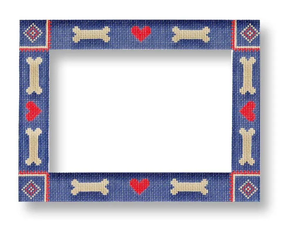 A blue frame with a dog bone and heart on it, designed by Eriksen.