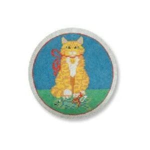 A cross stitch picture of Cecilia the cat on a blue background.