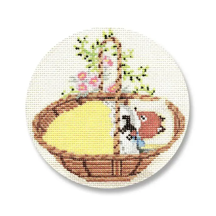 A cross stitch pattern of a basket with flowers.