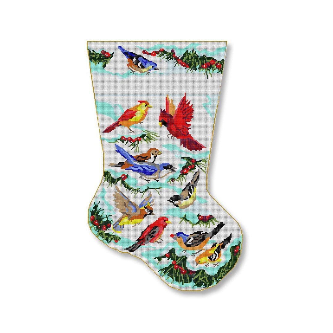 A Christmas stocking adorned with charming birds.