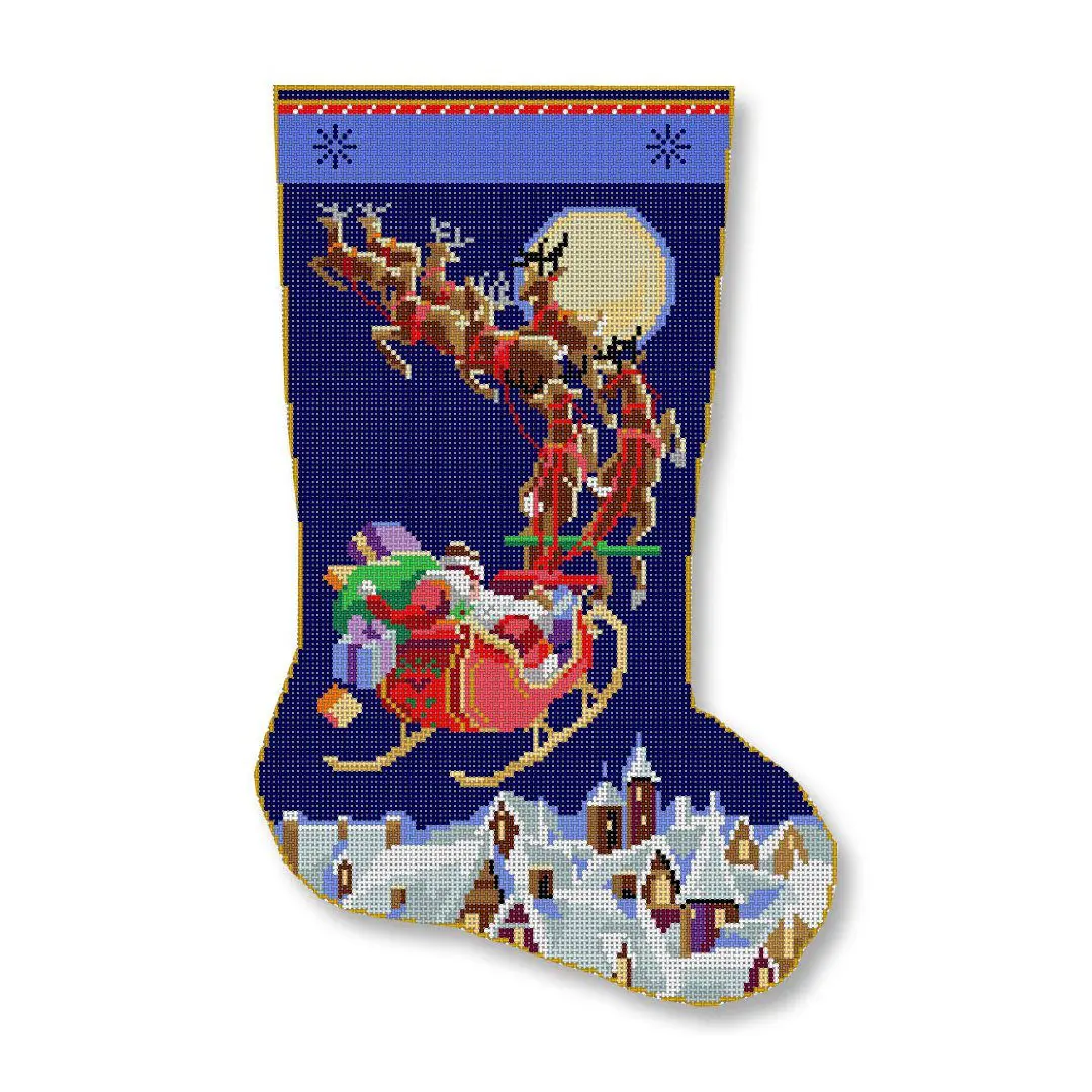 A Christmas stocking with Santa Claus and reindeer decorated by Cecilia Ohm Eriksen.