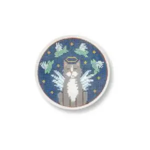 A cat with wings and a halo sitting on top of a blue plate.