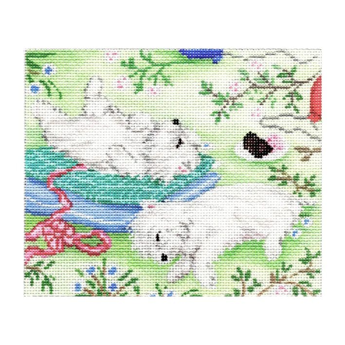 A painting of two dogs on a blanket.