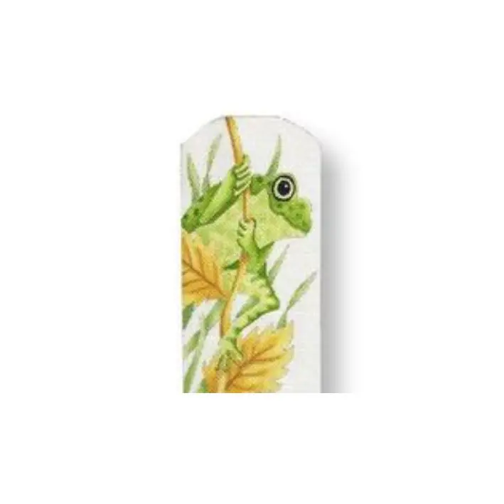A bookmark with a green frog on a branch designed by Cecilia Ohm Eriksen.