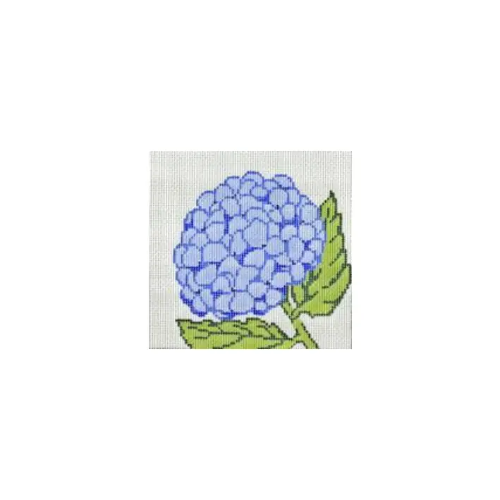 A blue flower with green leaves on a white background. Cecilia Ohm Eriksen